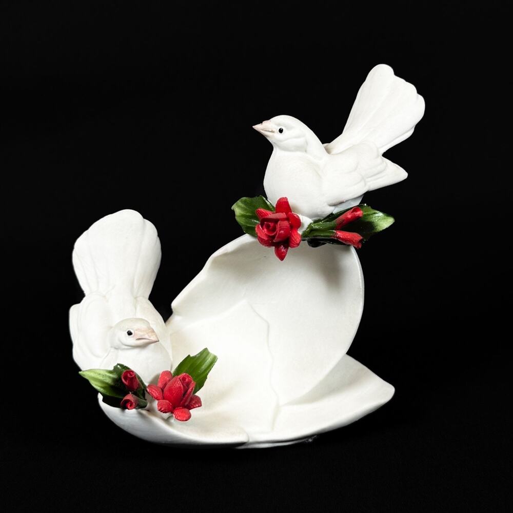 Capodimonte Porcelain White Doves on Cracked Egg with Red Roses